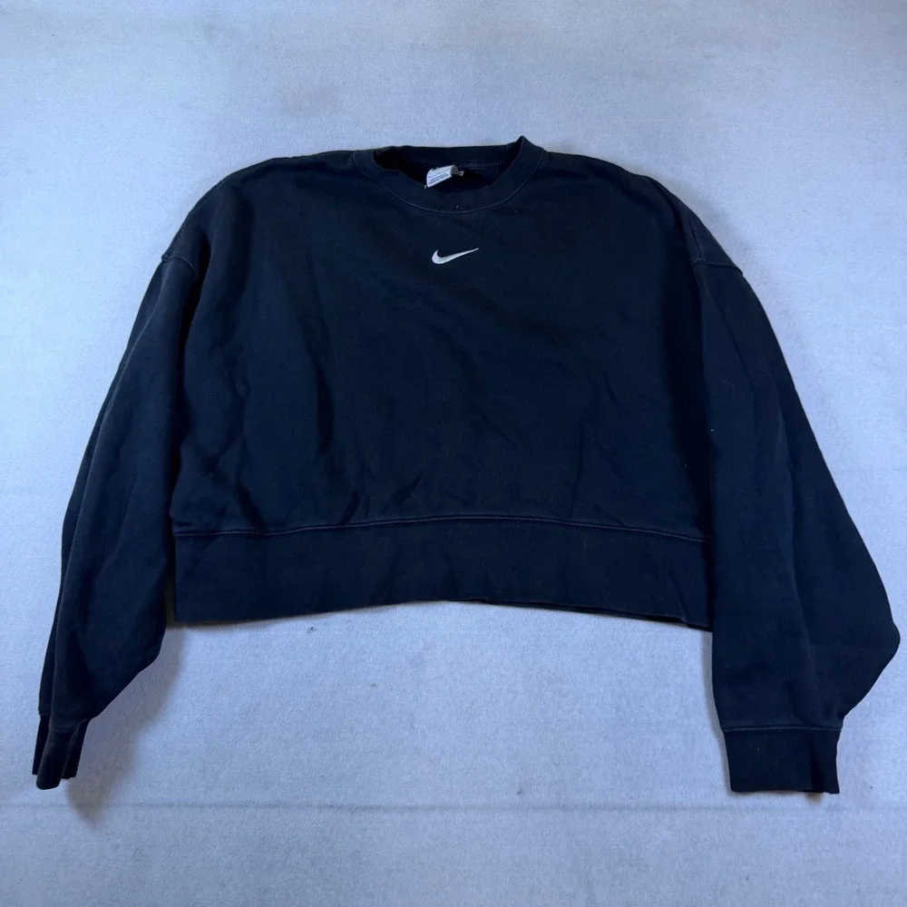 Nike Womens Essential Cropped Sweatshirt Black Center‎ Swoosh Pullover Small